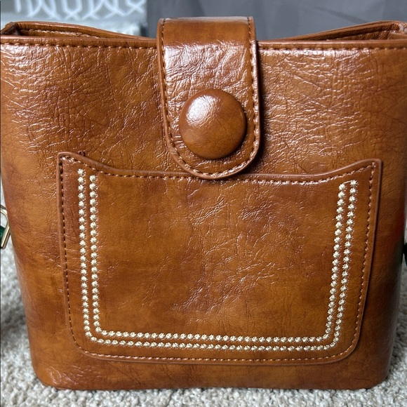 Petite Brown Leather Crossbody Bag with Striped Strap - Picture 2 of 7